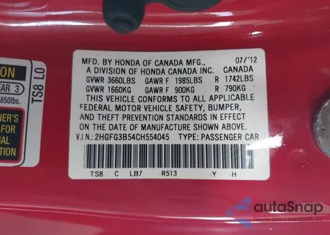 2012 Honda Civic Lx z USA, uszkodzony, nr VIN 2HGFG3B54CH554045
